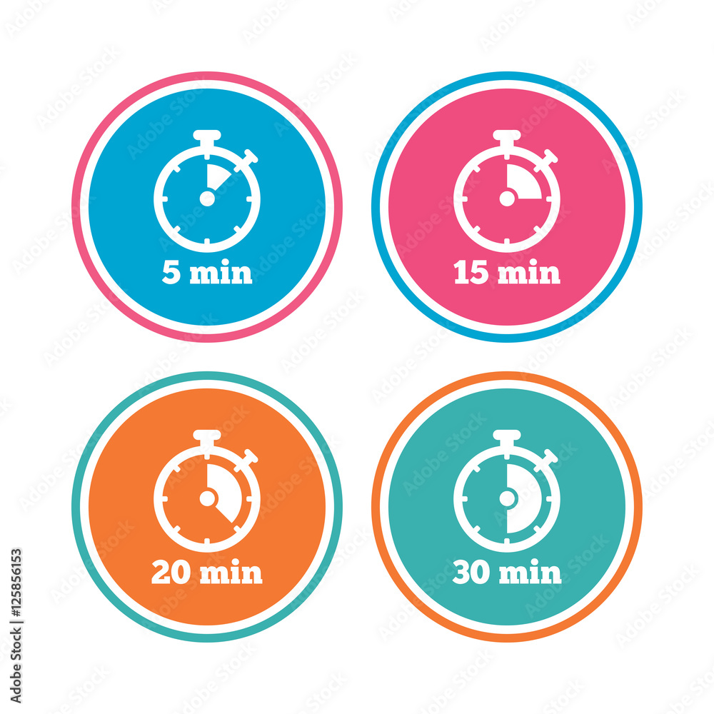 Timer icons. 5, 15, 20 and 30 minutes stopwatch symbols. Colored circle buttons. Vector