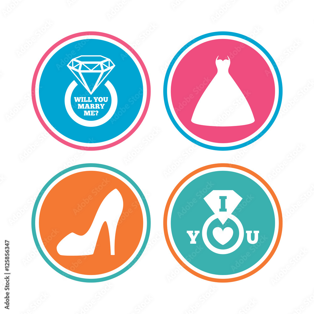 Wedding dress icon. Women's shoe symbol. Wedding or engagement day ring with diamond sign. Will you marry me? Colored circle buttons. Vector Wedding dress icon. Women's shoe symbol. Wedding or engagement day ring with diamond sign. Will you marry me? Colored circle buttons. Vector