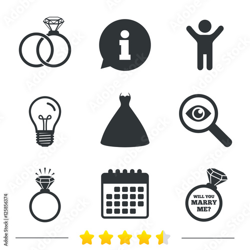 Wedding dress icon. Bride and groom rings symbol. Wedding or engagement day ring shine with diamond sign. Will you marry me? Information, light bulb and calendar icons. Investigate magnifier. Vector