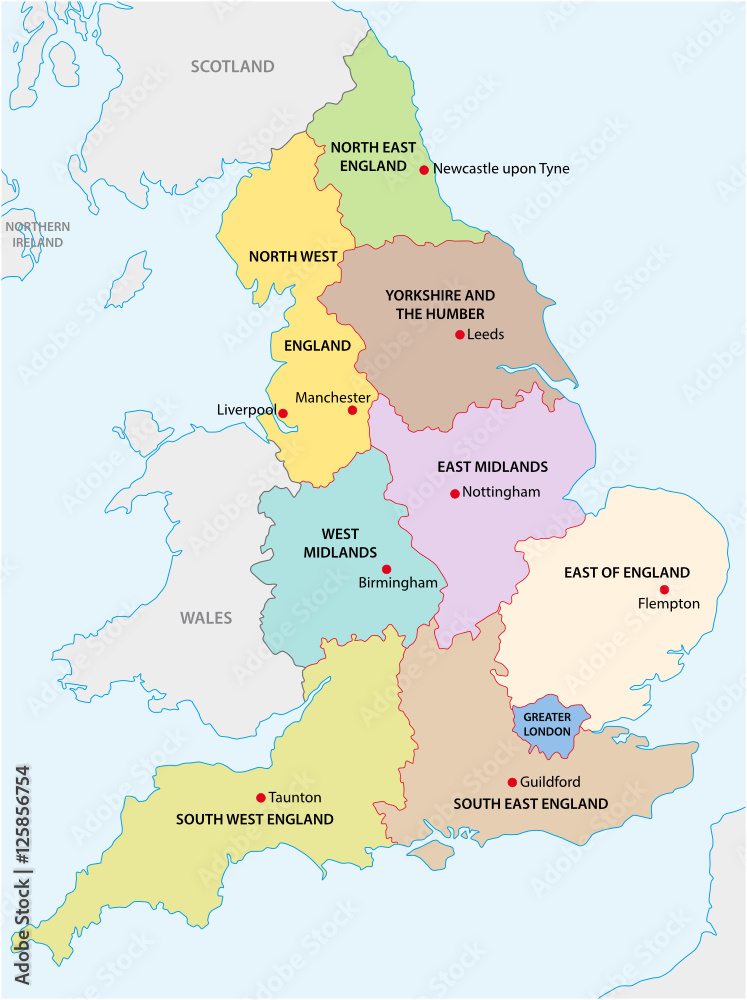 outline map of the nine regions of England