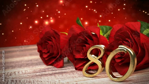 seamless loop birthday background with red roses on wooden desk. eightieth birthday. 80th. 3D render