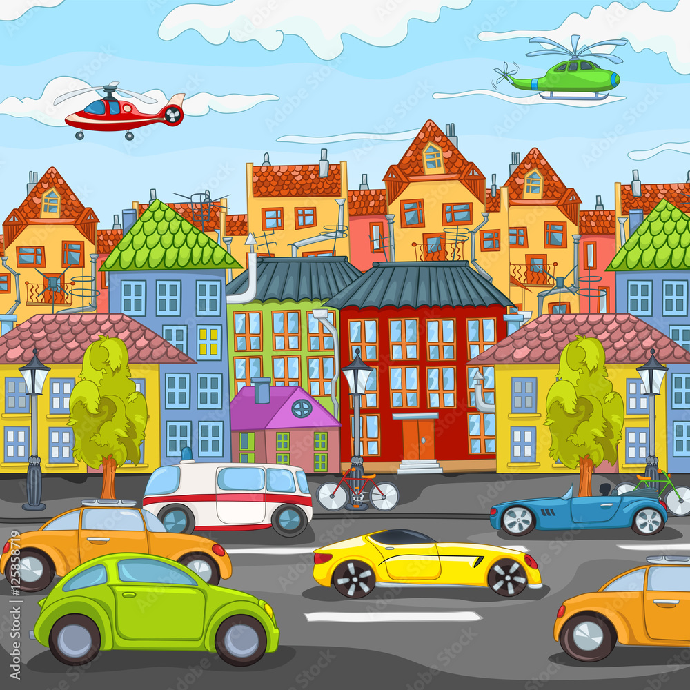 Cartoon background of city traffic.