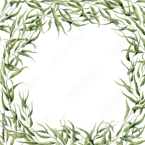 Watercolor eucalyptus frame card. Hand painted floral border with branches and leaves isolated on white background. For design or background