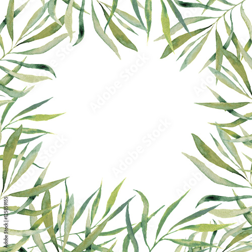 Fototapeta Naklejka Na Ścianę i Meble -  Watercolor green floral frame card. Hand painted border with bra
