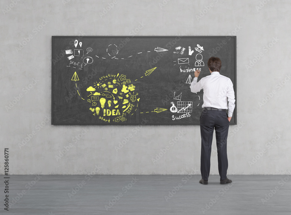 Man drawing yellow and white business idea sketch Man drawing yellow and white business idea sketch