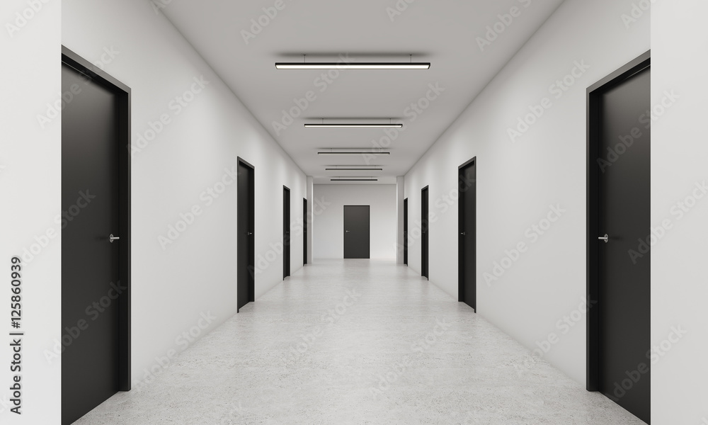 Long corridor with closed black doors - obrazy, fototapety, plakaty 
