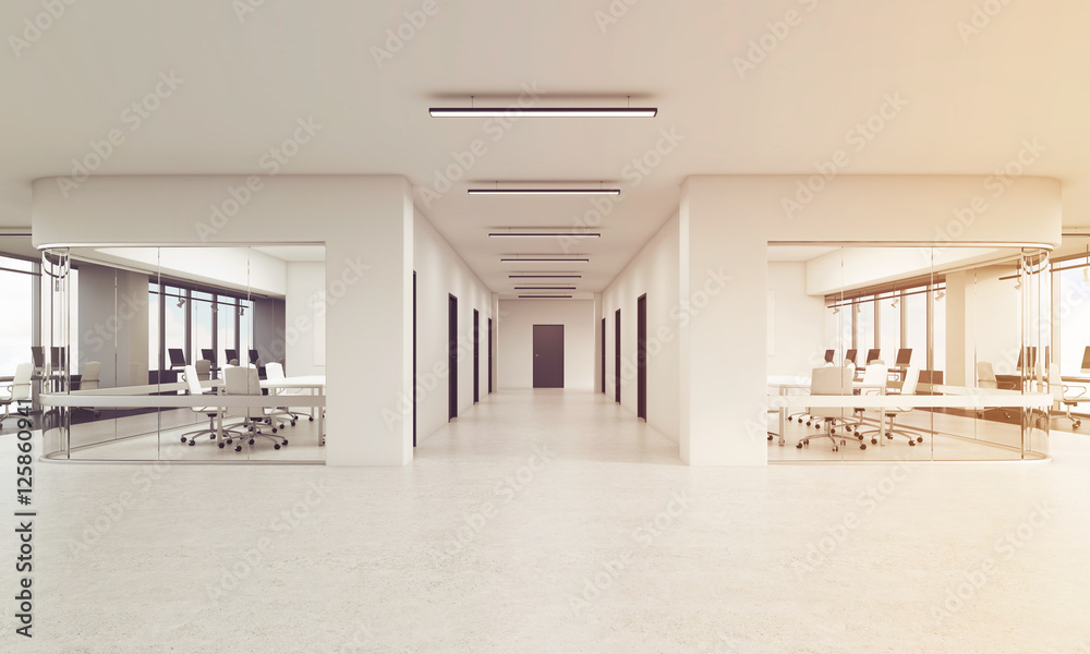 Fototapeta premium Two rows of conference rooms in office, toned
