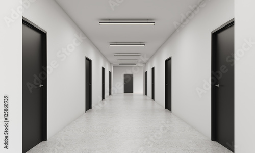 Stampa su tela Long corridor with closed black doors