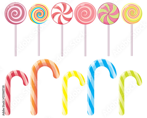Striped candy canes and candy on a stick without the wrapper. Dessert, Christmas sweets and food. Vector illustration.