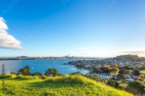 Evening view on Auckland Central, Waitemata harbor and Devonport district. New Zealand