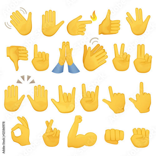 Set of hands icons and symbols. Emoji hand icons. Different gestures, hands, signals and signs, vector illustration.