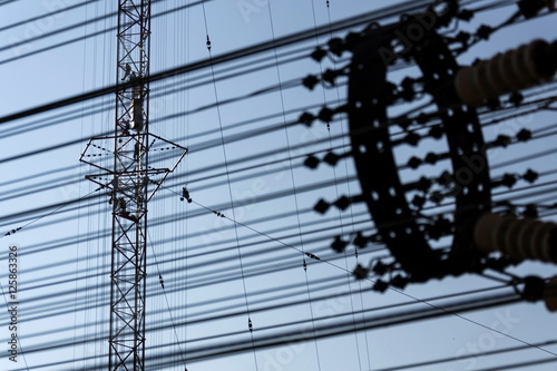 Men painting the highest Czech construction radio transmitter tower Liblice photo