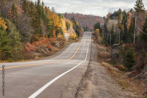 Tableau sur toile Straight hilly tar road in Algonquin Park in Ontario during full