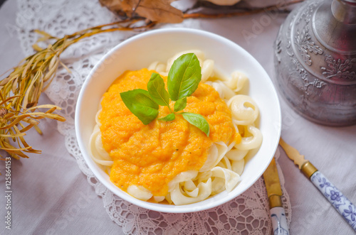 Macaroni pasta with creamy pumpkin