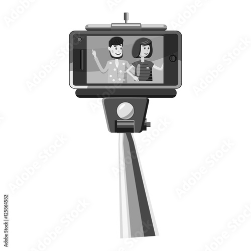 Selfie stick and phone with photo icon. Gray monochrome illustration of selfie stick and phone with photo vector icon for web