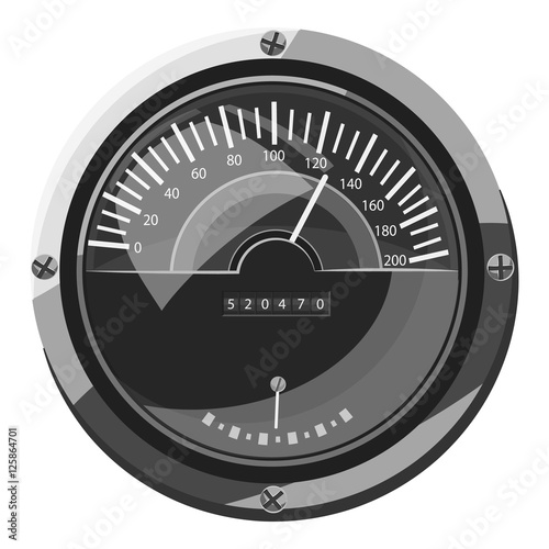 Large round speedometer icon. Gray monochrome illustration of large round speedometer vector icon for web