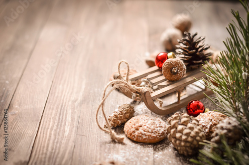 New Year Decoration with Vintage Wooden Sled