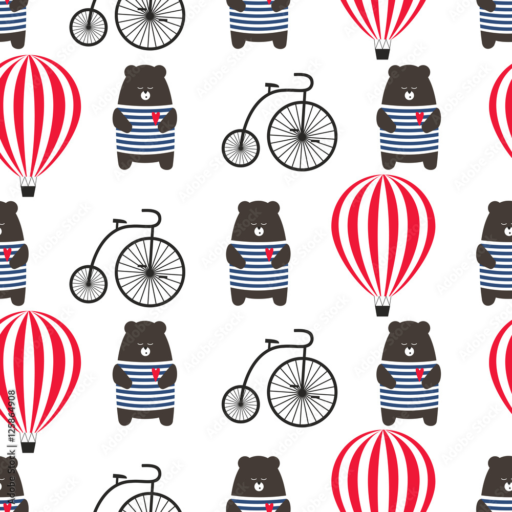 Naklejka premium Bear with bicycle and hot air balloon seamless pattern. Cute cartoon teddy with retro transport vector illustration. Child drawing style adventure background. Design for fabric, textile etc.