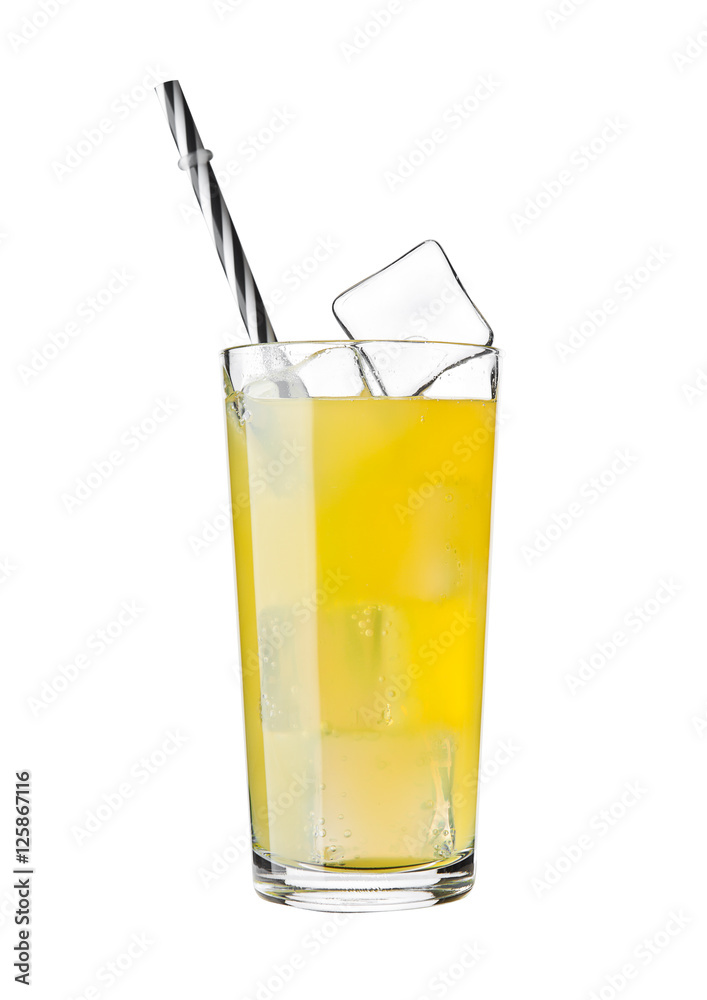Glass of orange soda drink cold with ice cubes