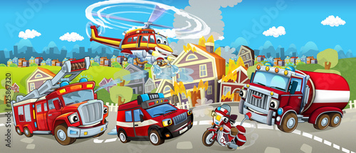 Cartoon stage with different machines for firefighting - colorful and cheerful scene - illustration for children
