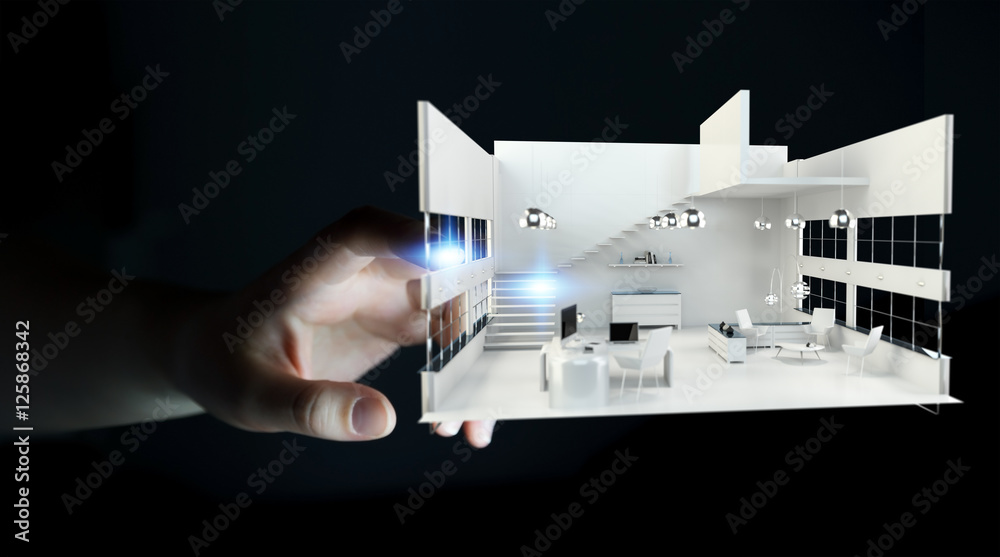 Businesswoman touching white 3D rendering apartment with her fin Businesswoman touching white 3D rendering apartment with her fin