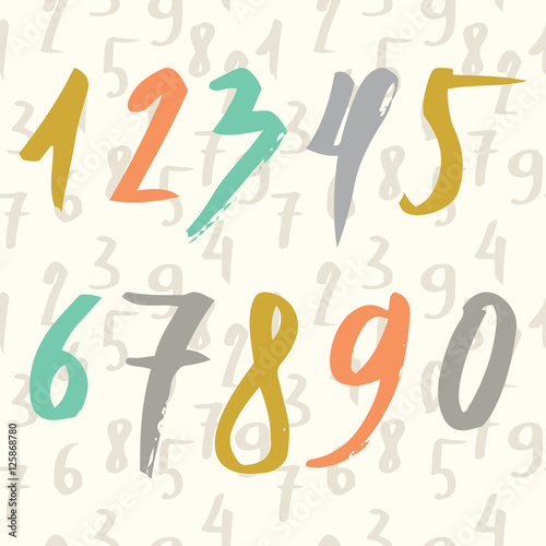 Hand drawn numbers made by brush and seamless pattern with numbers. Modern Brushed. Education. Vector Illustration