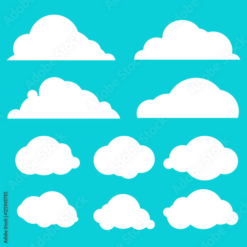 Collection of blue sky isolated on blue background. Set of different clouds. Sky flat illustration collection for web, art and app design. Different nature cloudscape weather symbols.