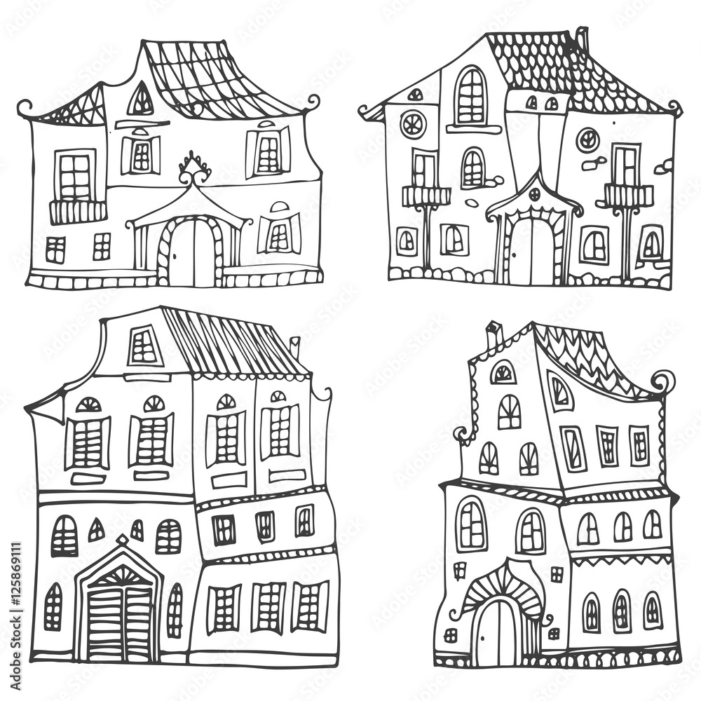 Hand drawn set of sketched typical country houses isolated on white background. Cartoon houses. Front view. Vector illustration. Black and white colors.