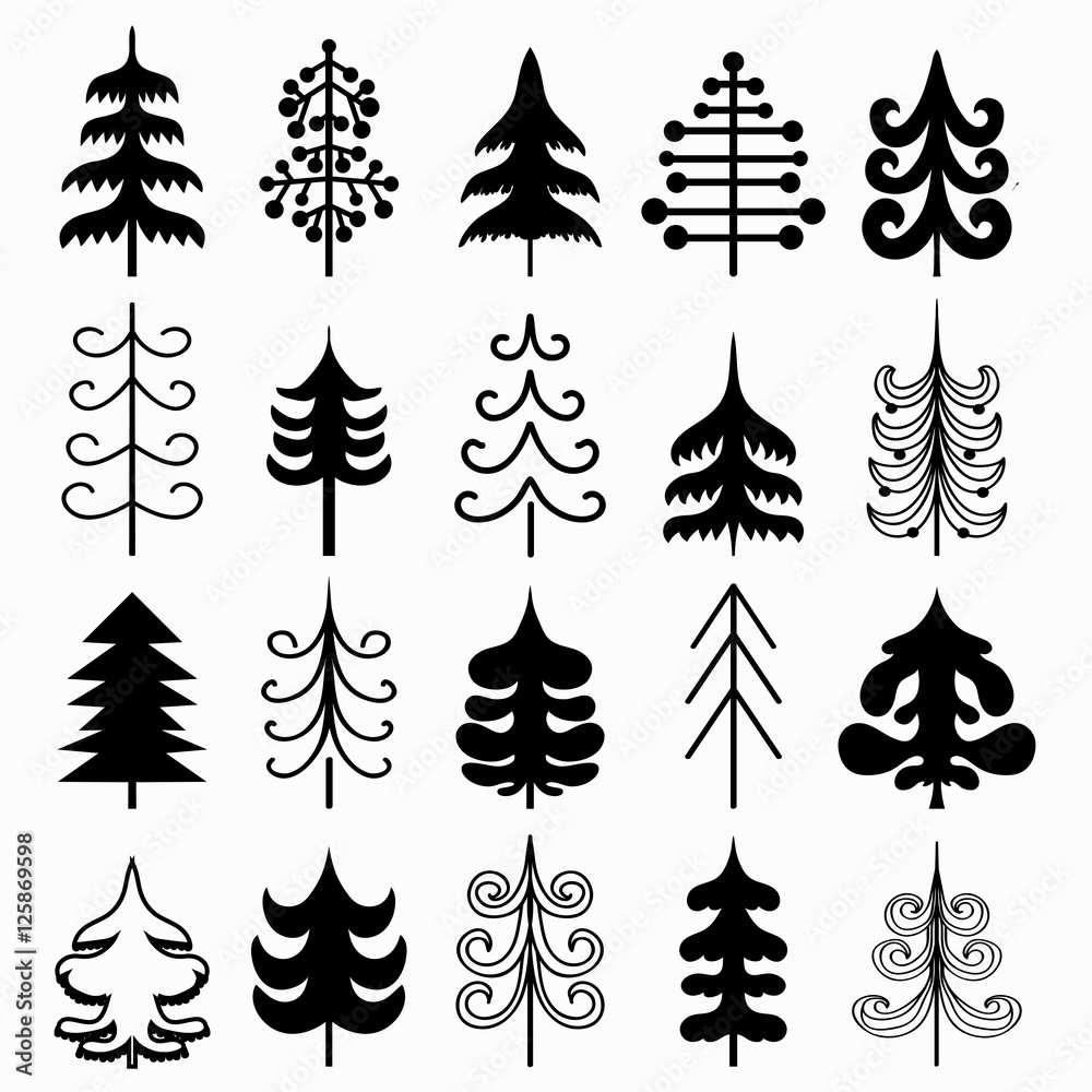 Obraz premium Christmas tree set isolated on white background. Black and white colors. New year symbols. Vector illustration
