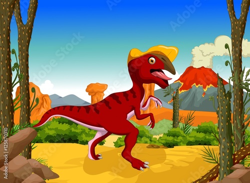 funny dinosaur Parasaurolophus cartoon with forest landscape background © jihane37