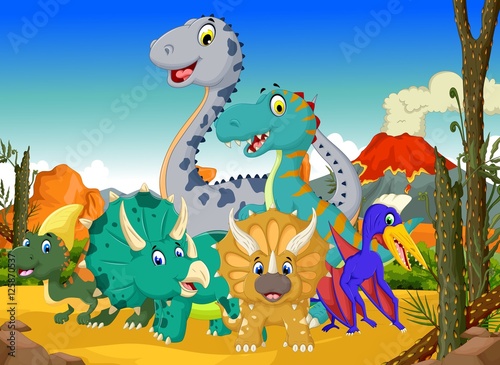 funny dinosaur cartoon in the jungle with landscape background © jihane37