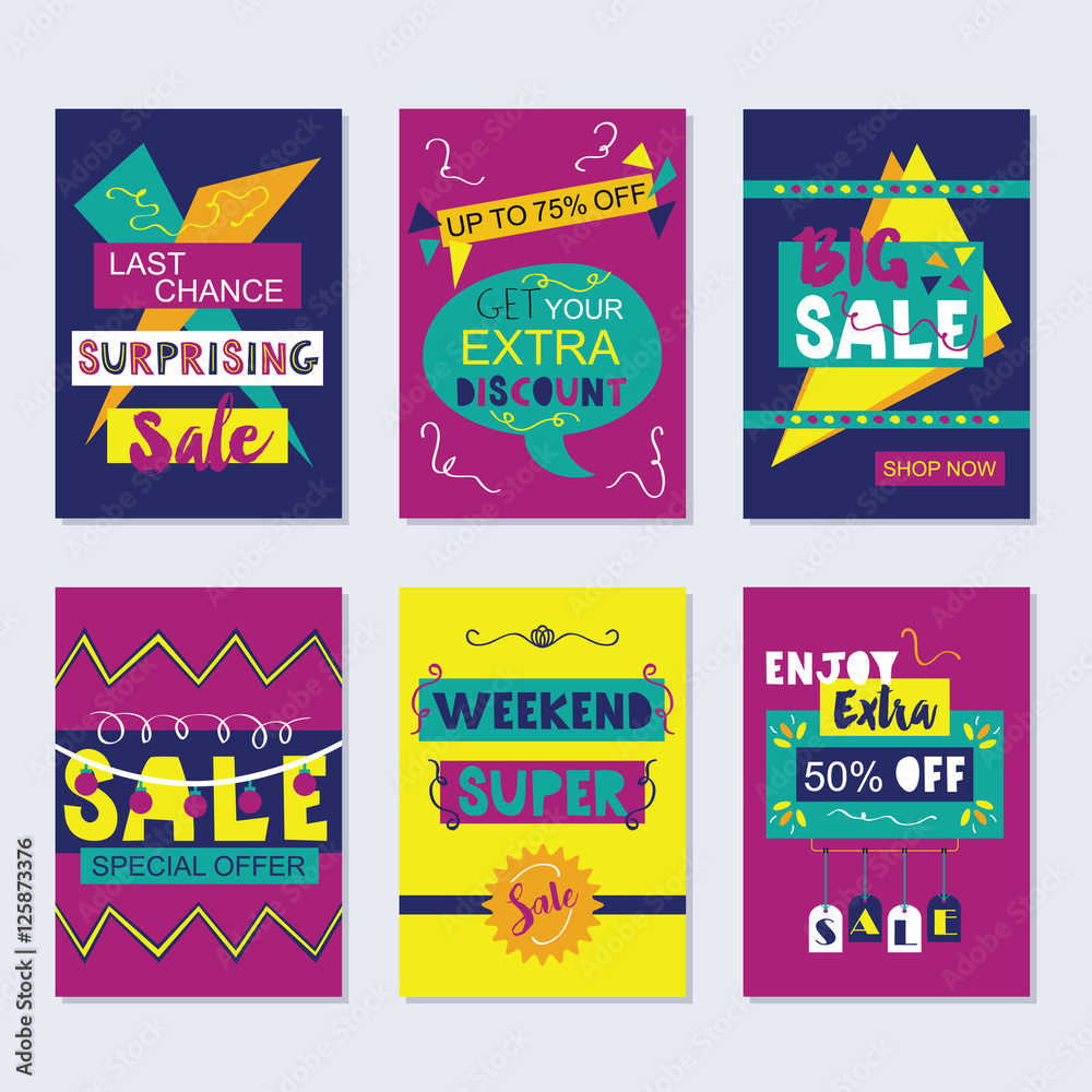 Purple, navy blue, and yellow funky sale and discount cards set on gray background
