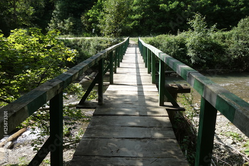 Wooden bridge over mountain river. Transcarpathia