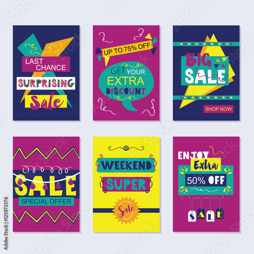 Purple, navy blue, and yellow funky sale and discount cards set on gray background