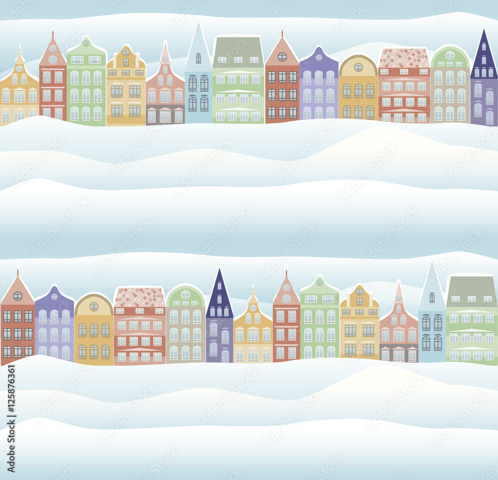 Seamless pattern. Merry Christmas and New Year holidays card with snowy town, vector illustration