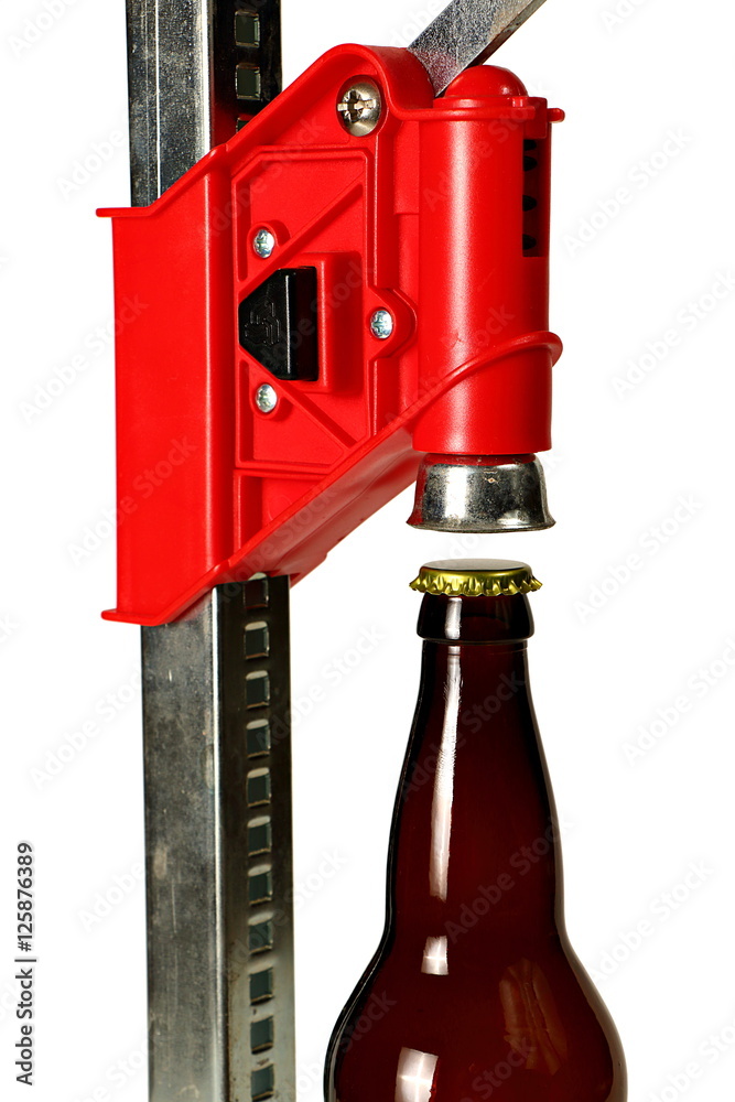 Bottle Cap Press with Bottle for Homebrew Beer, Close Up