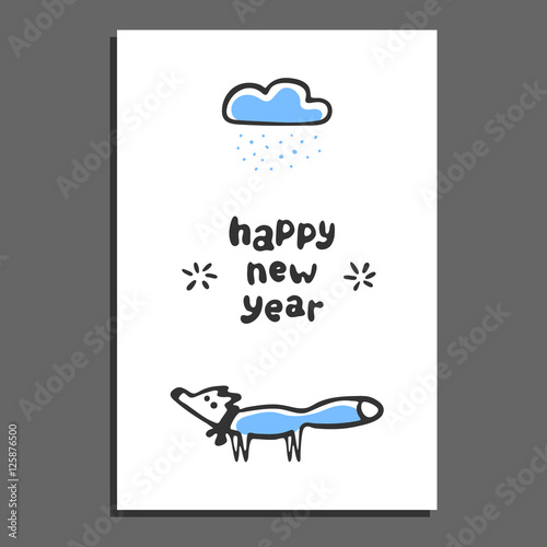 Happy new year greeting card with cute cartoon fox. Hand drawn lettering. Vector illustration with winter scene