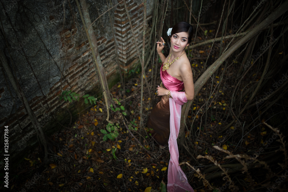 Asian woman wearing dress traditional Thai costume ,beautiful wo