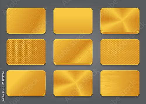 Card icons with gold metal background. Golden button icons set.