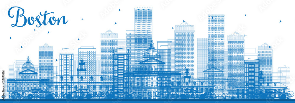 Outline Boston Skyline with Blue Buildings.