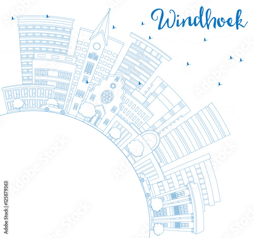 Outline Windhoek Skyline with Blue Buildings and Copy Space.