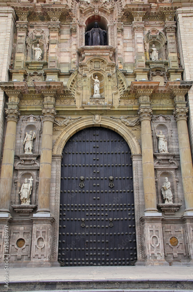 Main entrance Portada del Perdon of Lima Cathedral in Peru.