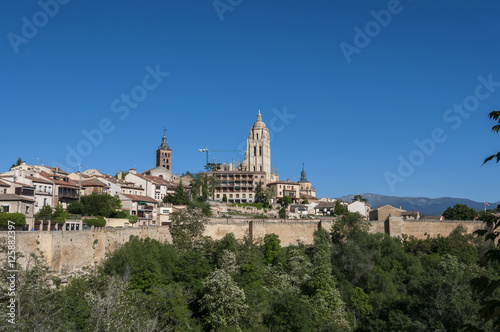 Views of the city of Segovia, Spain, from the city wall, with the Cathedral and the Church of Saint Andrew in the background.