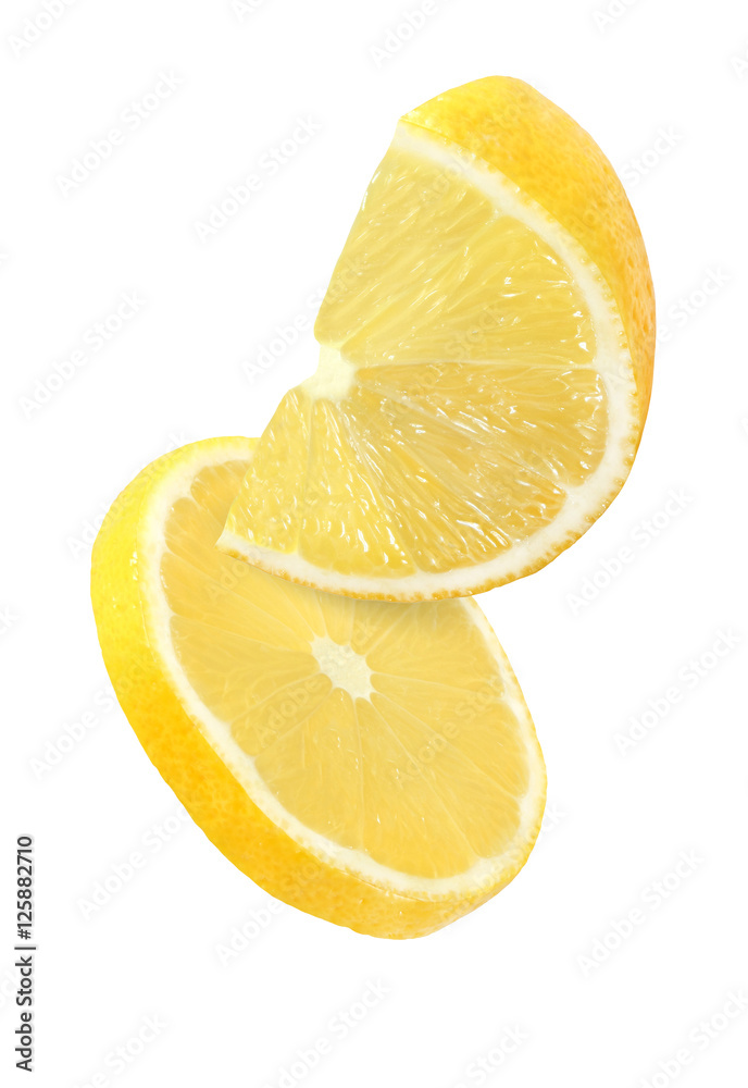 hanging, falling and flying piece of lemon fruits isolated on white background with clipping path