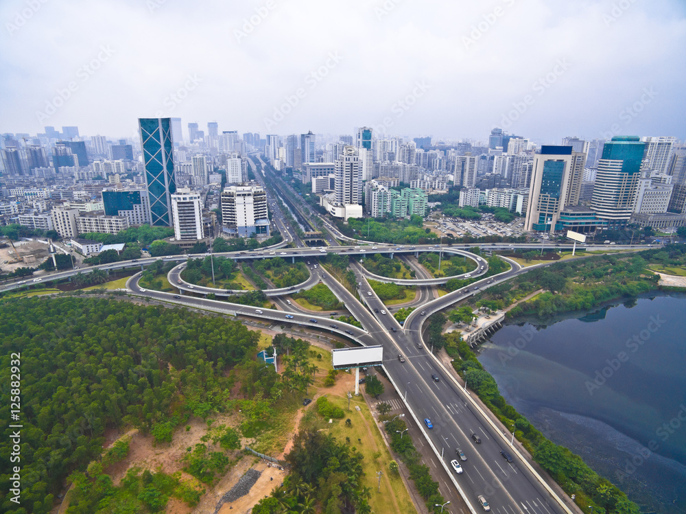 Aerial photography bird-eye view of City viaduct bridge road lan