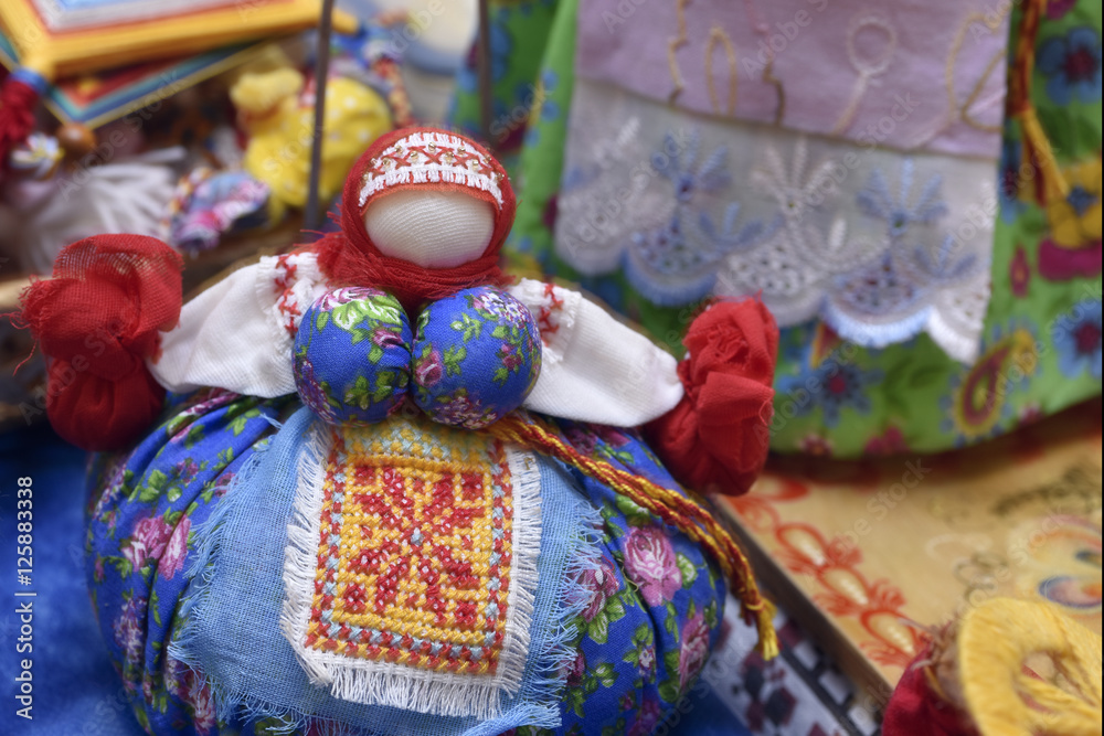 Traditional soft toys of colored fabric handmade
