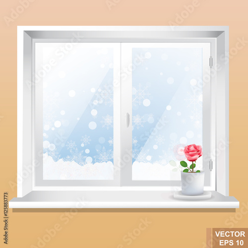 Window. Merry Christmas and a Happy New Year. Winter. Snowing.