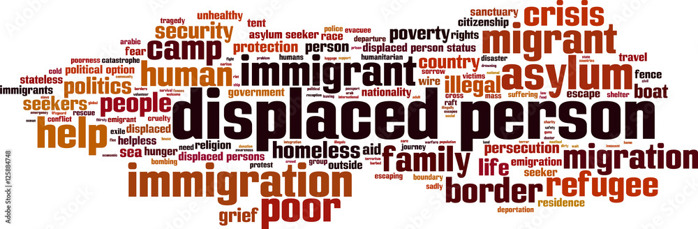 Displaced person word cloud concept. Vector illustration