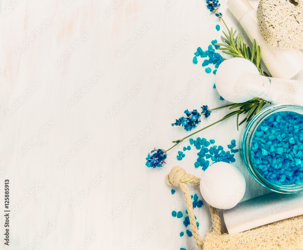 Lavender spa setting on light background, top view, border