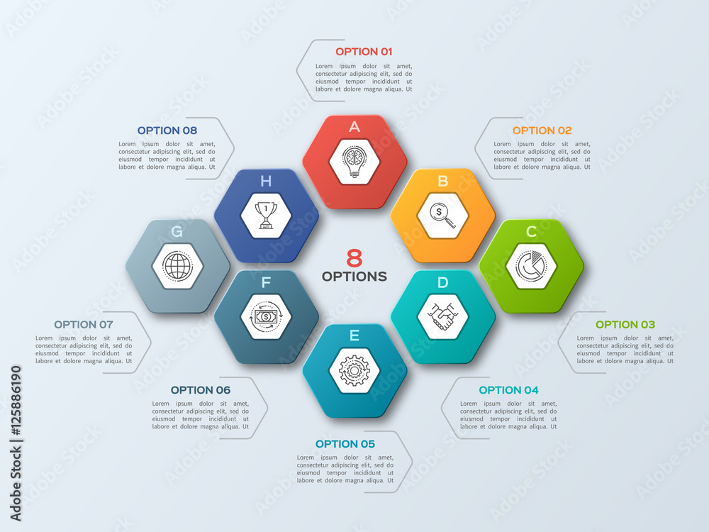 Business infographic template with 8 steps